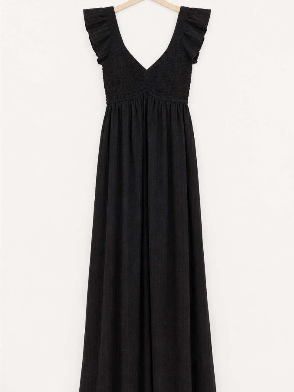 Smocked V-Neck Black Maxi Dress with Ruffle Cap Sleeves
